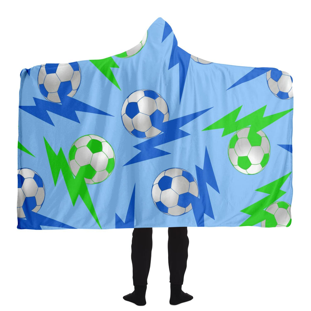 Soccer Lightning Bolt Blue/Blue Hooded Blanket