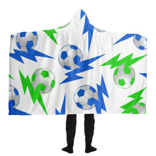 Load image into Gallery viewer, Soccer Lightning Bolt Blue/White Hooded Blanket
